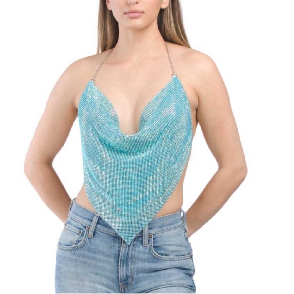 House of Harlow 1960 Turquoise Chain Halter Crop Top